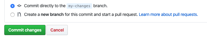 Captura de tela mostrando o botão Confirmar alterações na interface do GitHub.