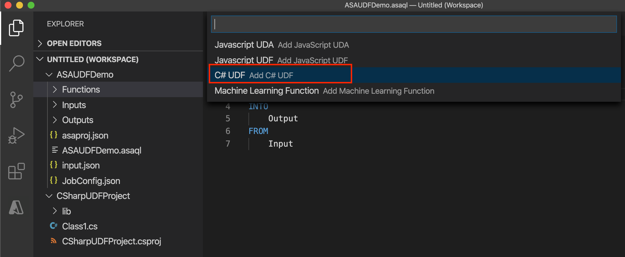 Selecionar a função CSharp no projeto do Stream Analytics no VS Code