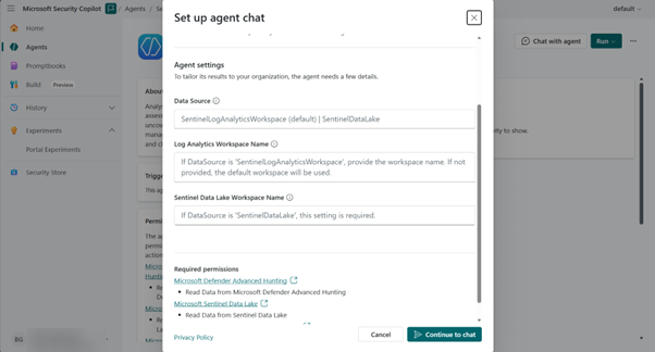 Imagem do Agente do Analista de Segurança – Configurar o chat do agente