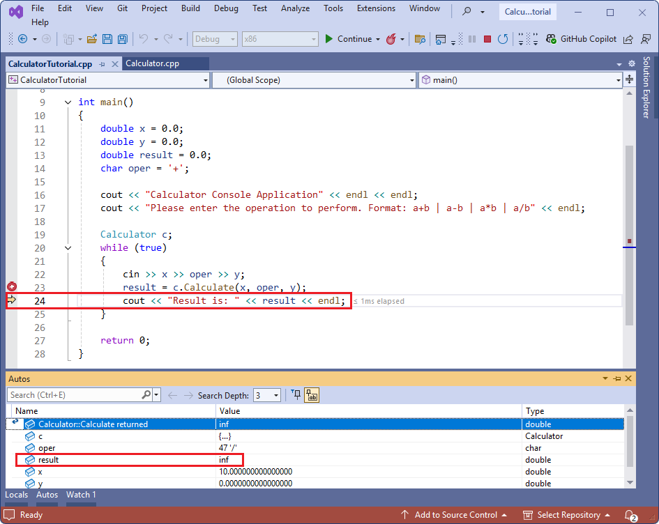 Captura de tela mostrando a depuração da calculadora.