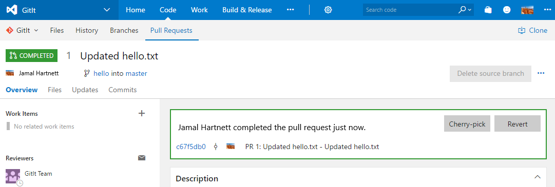 Captura de tela do exemplo de interface do usuário da solicitação de pull.