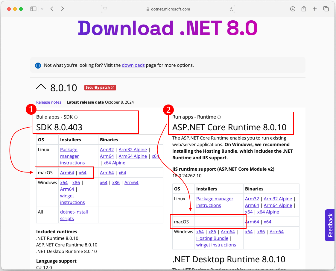O site de download do .NET mostrando os links de download do SDK e do Runtime. Os cabeçalhos SDK e Runtime são realçados com uma caixa vermelha. Cada caixa tem uma seta apontando para baixo para a seção do macOS.