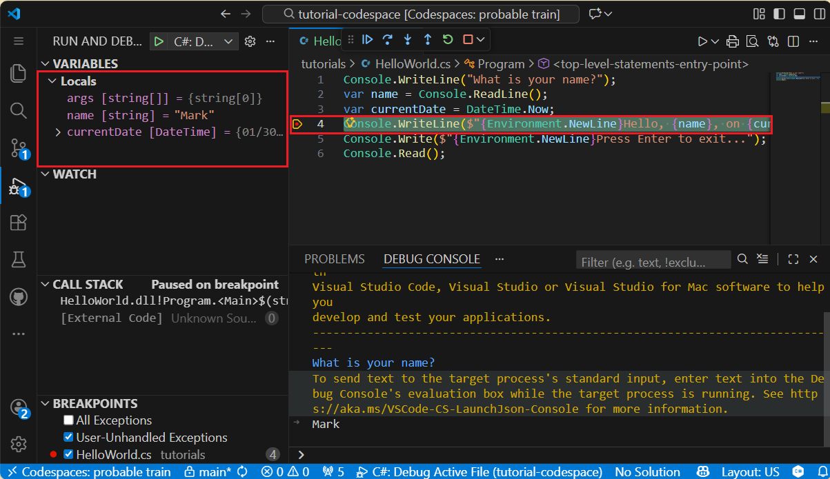 Ponto de interrupção atingido, mostrando Locais