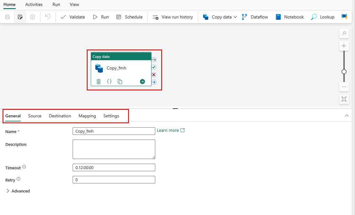 Screenshot mostrando o Copy activity concluído na tela do pipeline.