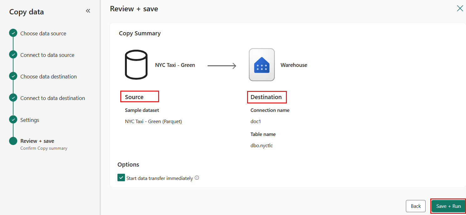 Captura de tela da página Revisar + criar do Copy data assistant destacando a origem e o destino.