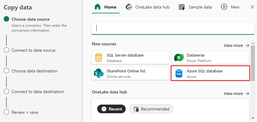Screenshot mostrando onde escolher sua fonte de dados na tela Copiar dados.