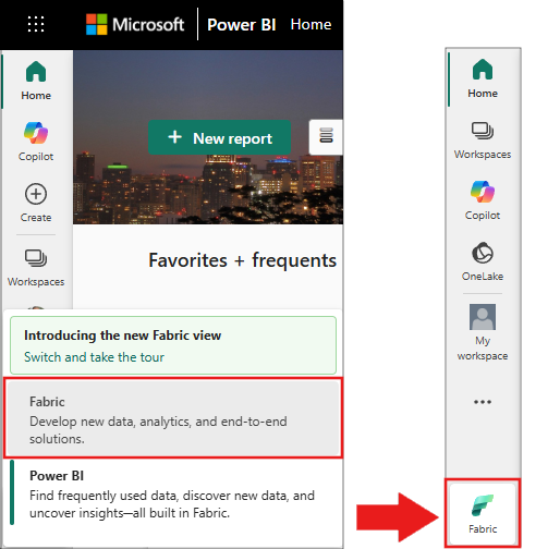 Captura de tela que mostra a seleção de Fabric no menu do alternador de experiência.