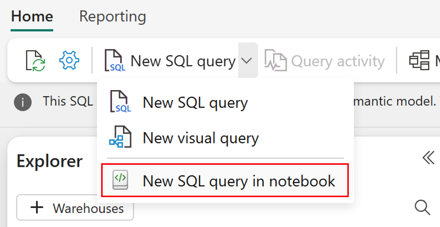 Captura de tela do editor de consultas SQL do portal do Fabric mostrando o menu suspenso Nova consulta SQL.