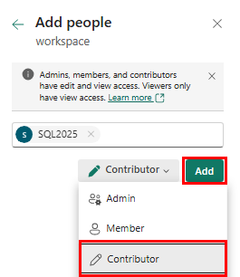Captura de tela do diálogo Adicionar pessoas, em que você adiciona cada nó à função Colaborador do Fabric.
