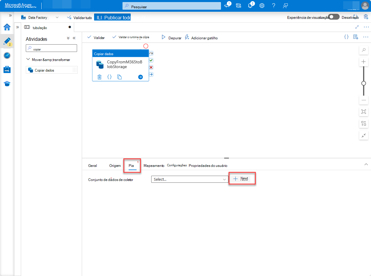 Uma captura de ecrã da página recursos do portal do Azure Factory com o separador Sink realçado.