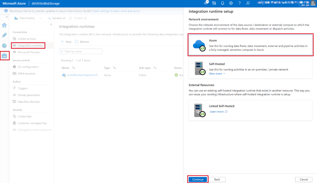Uma captura de ecrã da página do serviço portal do Azure Data Factory com a opção Azure selecionada para o ambiente de rede.