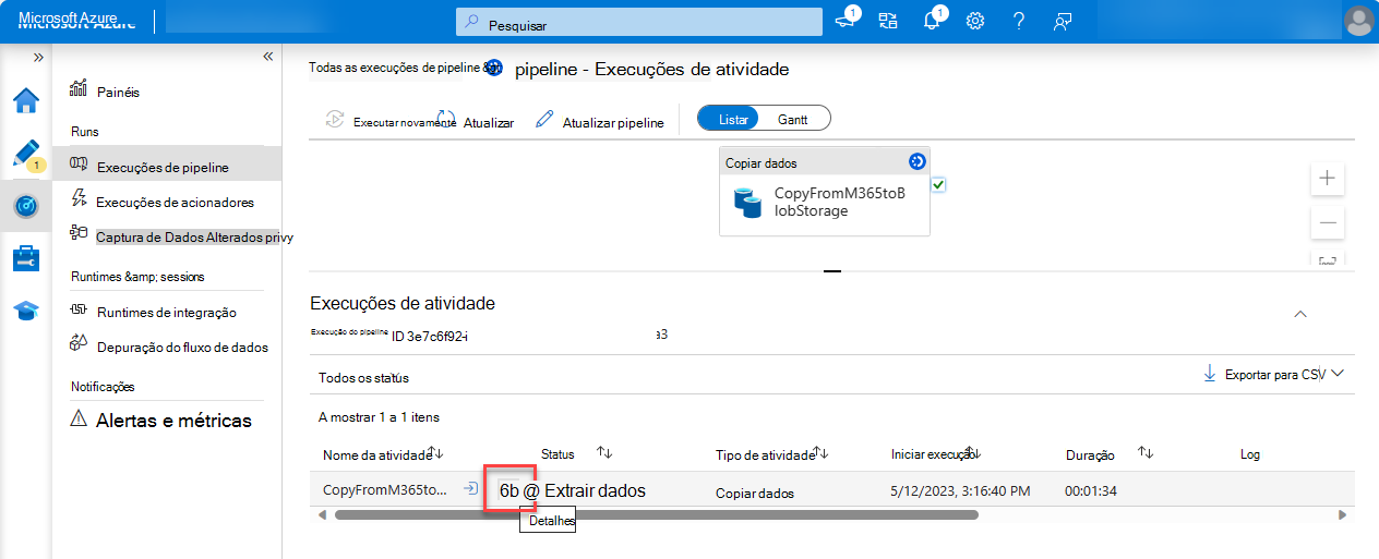 Captura de ecrã do pipeline1 com o separador Detalhes realçado.