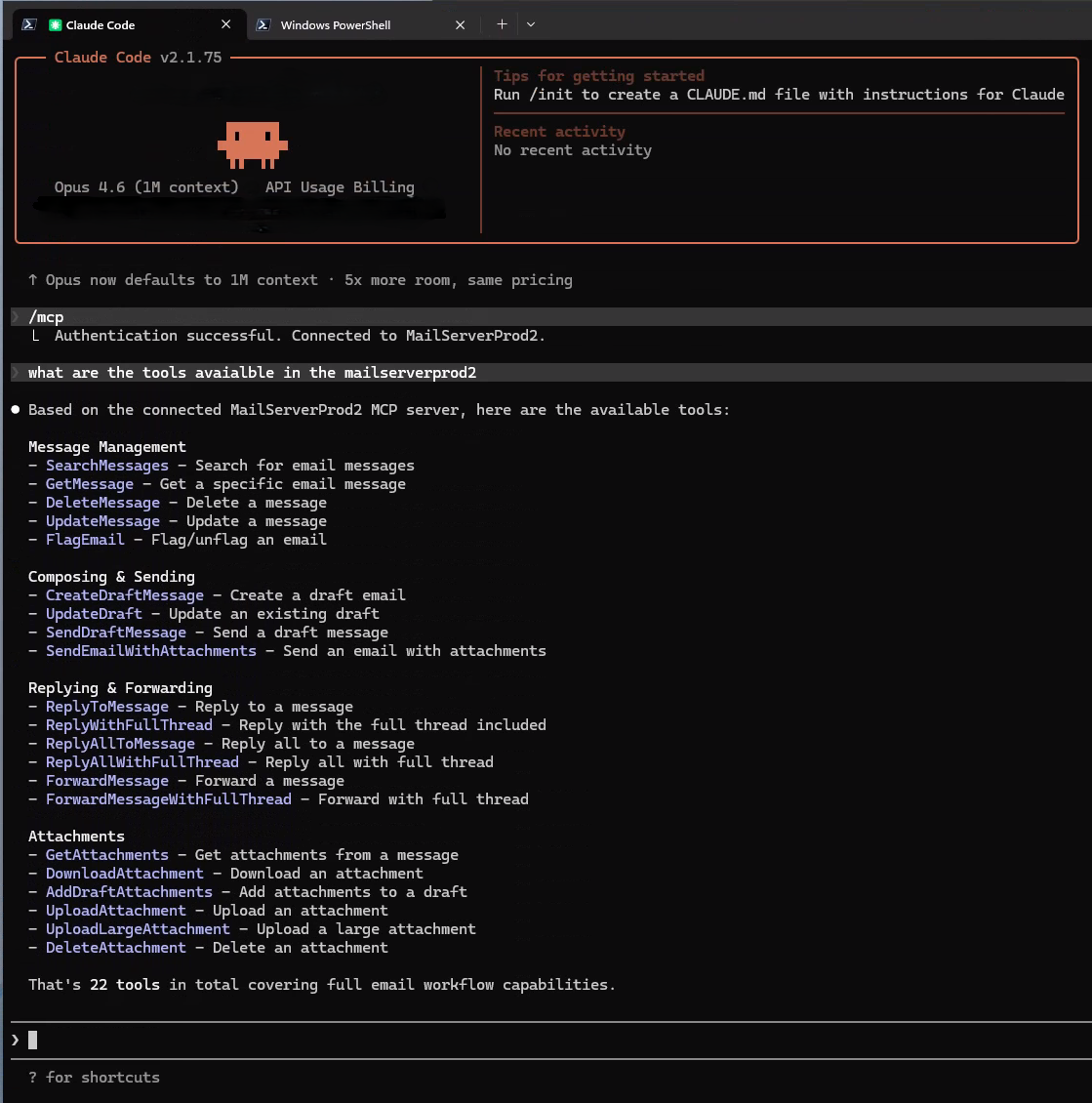 A imagem exibe uma janela de script do PowerShell com vários comandos relacionados ao servidor MCP do Work IQ Mail.