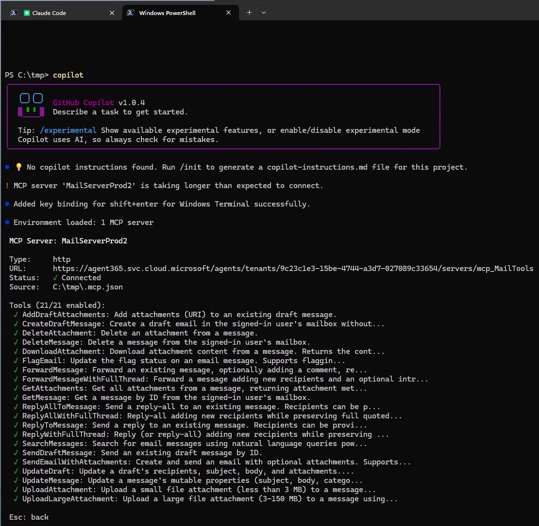 A imagem exibe uma sessão de console do Windows PowerShell em que a CLI do GitHub Copilot está sendo usada para interagir com o servidor MCP.