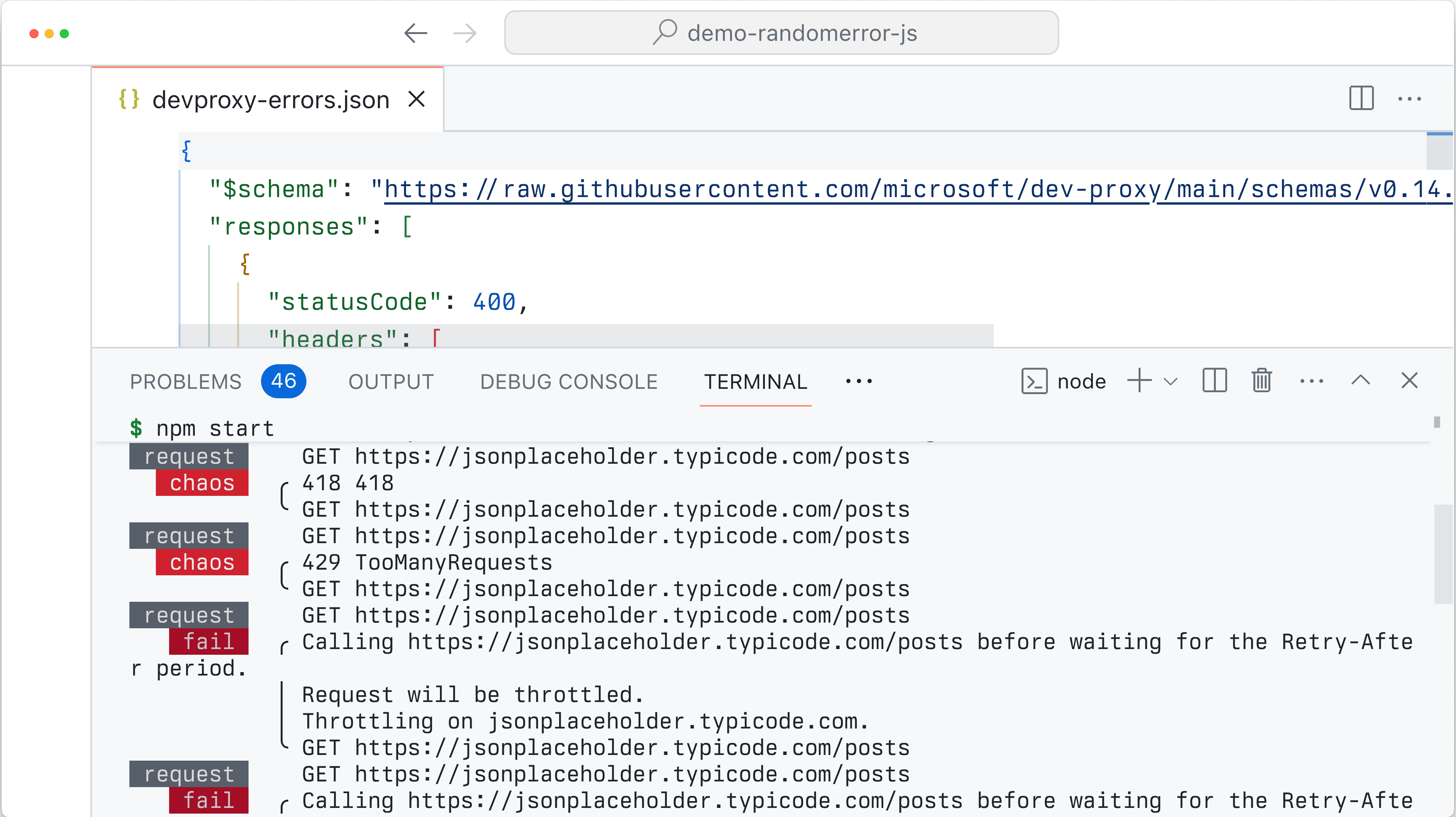 Captura de tela do VS Code com a janela do prompt de comando aberta mostrando erros simulados pelo Proxy de Desenvolvimento.