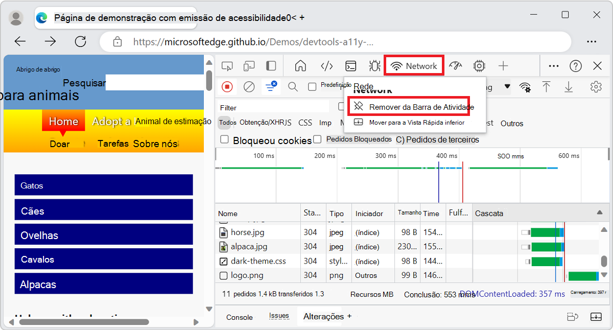 O menu de contexto da ferramenta Rede na Barra de Atividade, incluindo o comando 