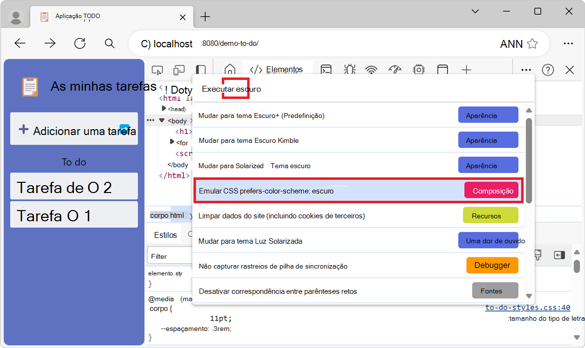 Emular o modo escuro ou claro com os comandos 