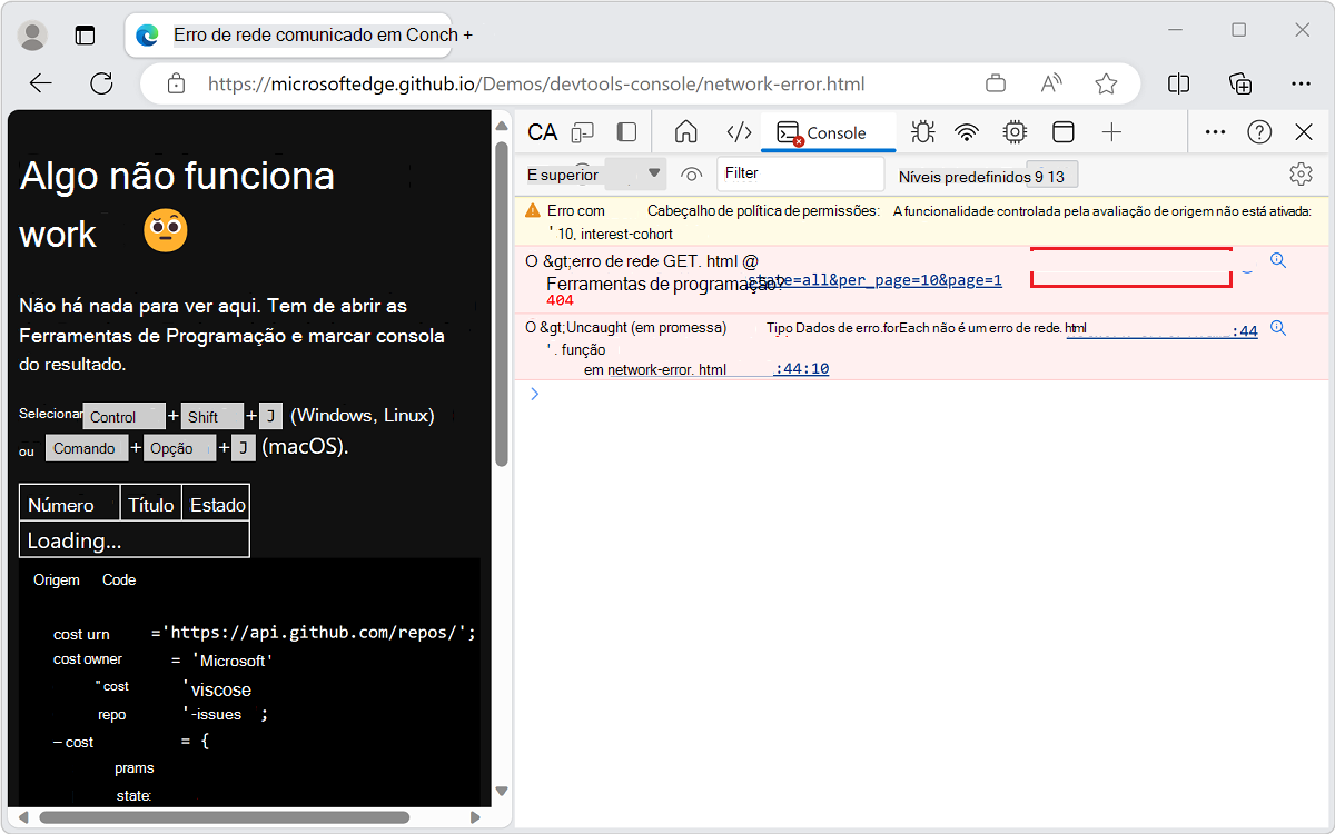 Erro da ferramenta consola com o nome de ficheiro clicável e o número da linha