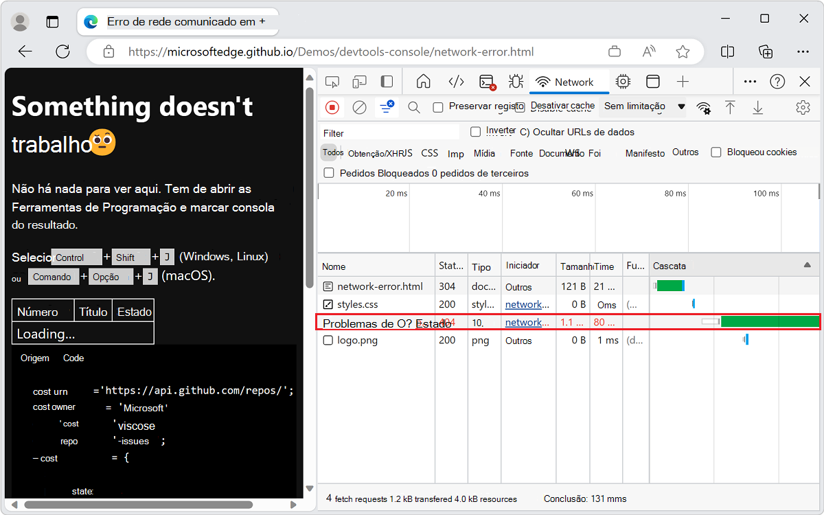 A ferramenta Rede apresenta mais informações sobre o pedido falhado