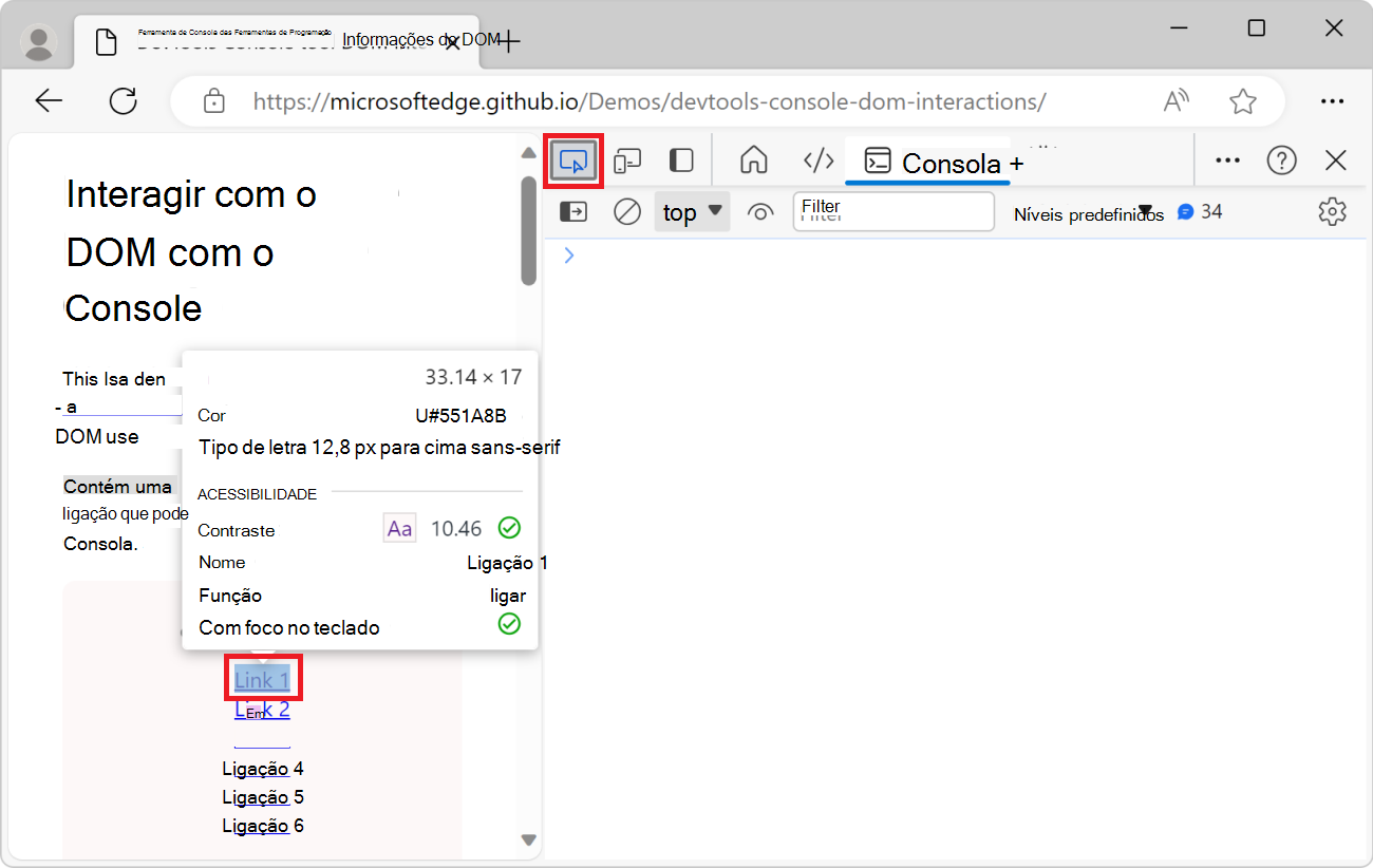 Quando paira o cursor sobre uma ligação ao utilizar a ferramenta Inspecionar, a ligação é realçada