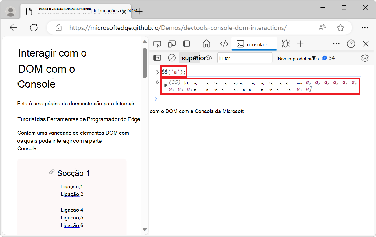O resultado da função $$('a') na Consola, que é uma matriz de elementos