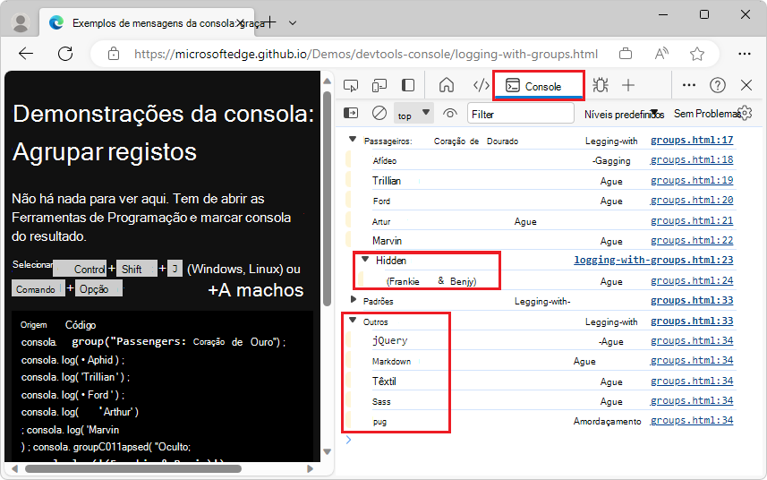 Cada grupo pode ser expandido e fechado