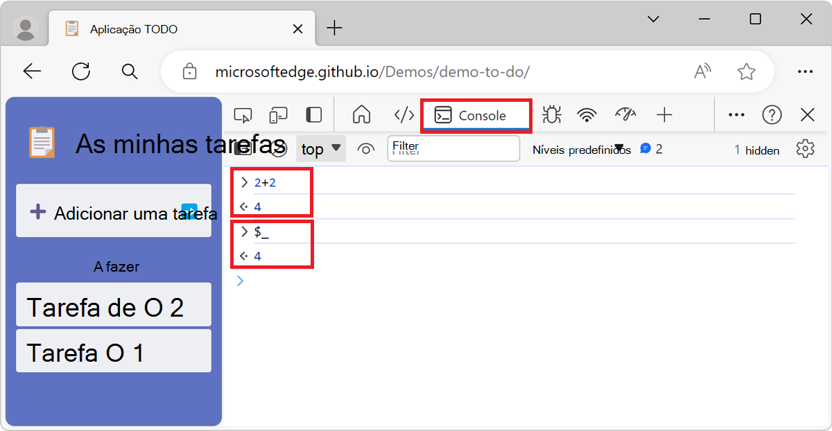 A ferramenta Consola a mostrar que a variável $_ devolve o resultado da expressão anterior