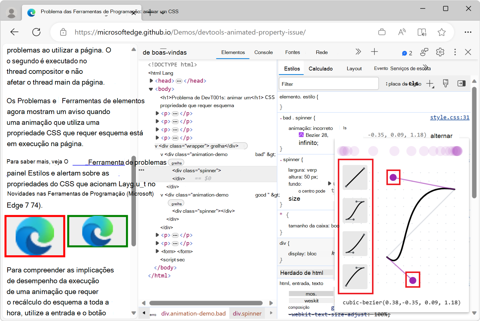 O efeito das alterações efetuadas no Editor Easing
