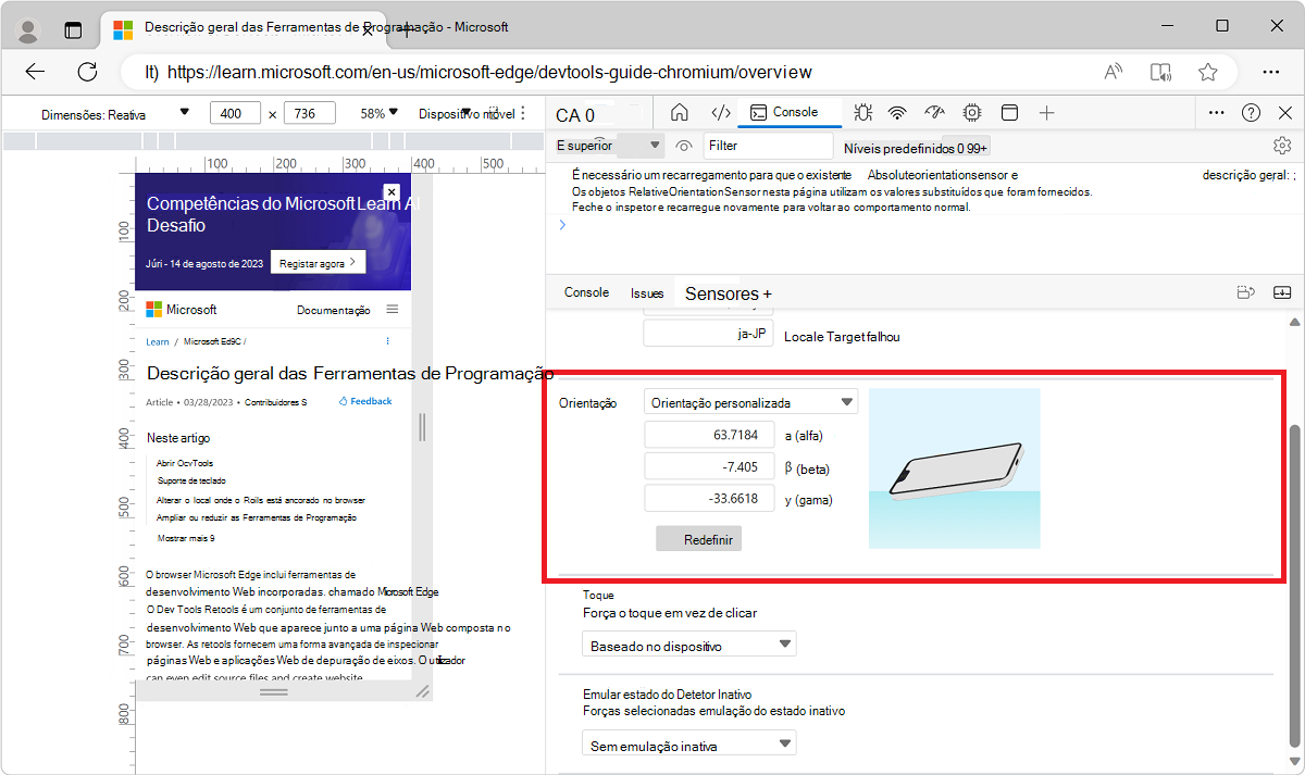 Opções de orientação na ferramenta Sensores