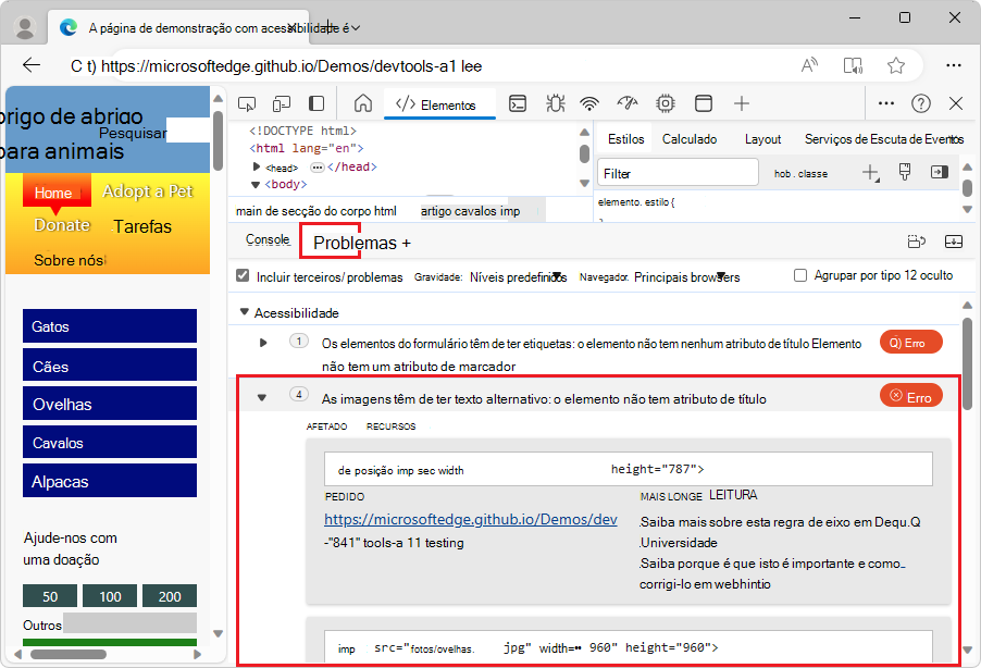 Um problema expandido na ferramenta Problemas, com informações adicionais sobre como corrigir o problema
