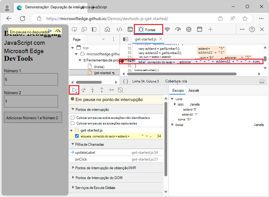DevTools coloca em pausa o ponto de interrupção de linha de código na linha 34