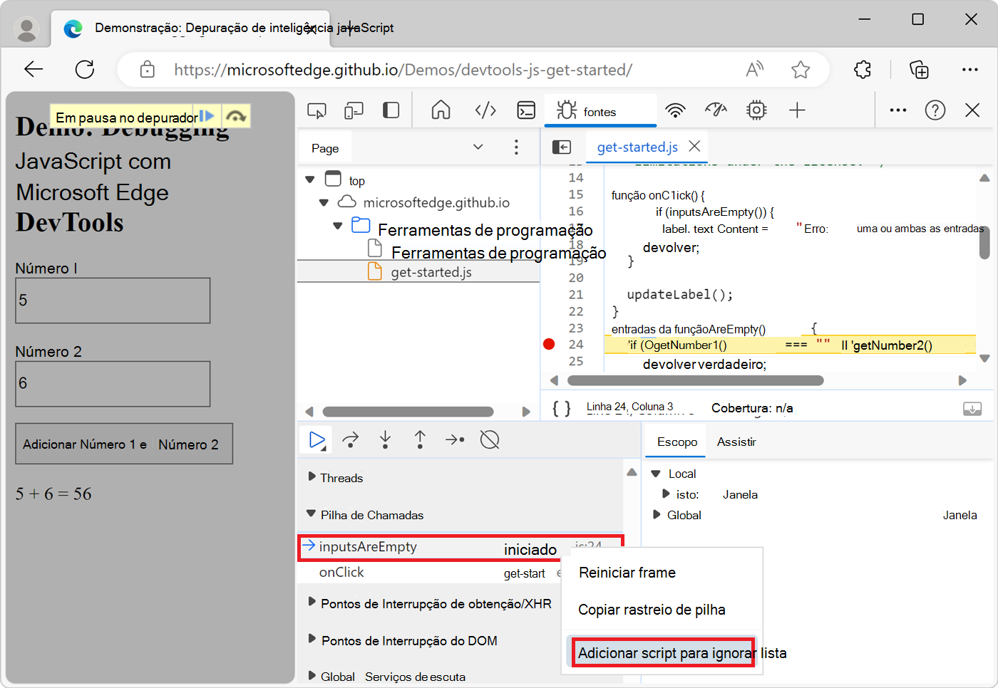 Adicionar um script à Lista Ignorar a partir do painel Pilha de Chamadas