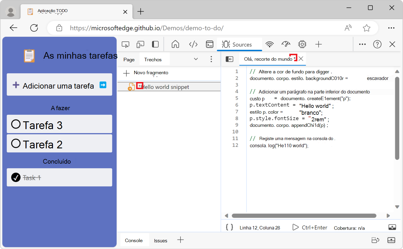 Um asterisco junto ao nome do fragmento indica código não guardado