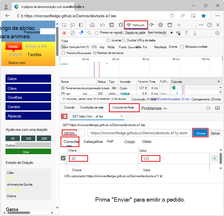 Editar o pedido de rede e, em seguida, clicar em Enviar, na ferramenta Consola de Rede