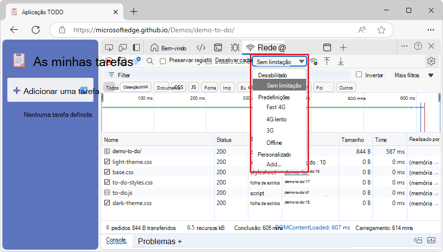 O menu pendente Limitação