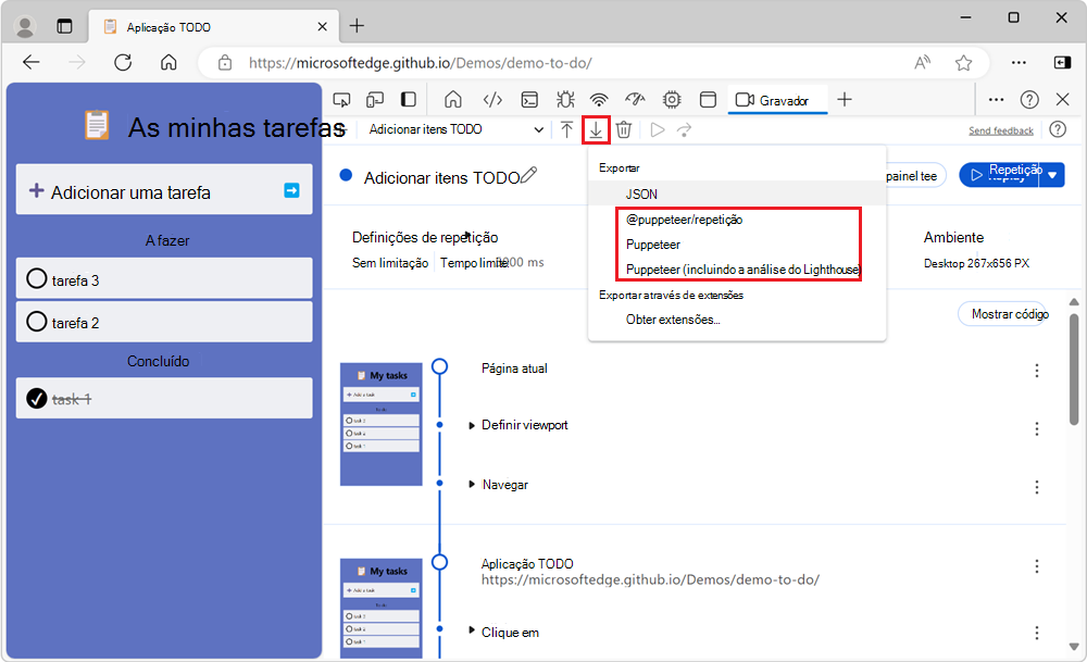 O menu pendente do botão Exportar e os vários formatos de automatização de teste