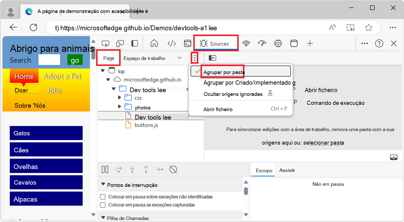 A opção Agrupar por pasta no separador Página da ferramenta Origens