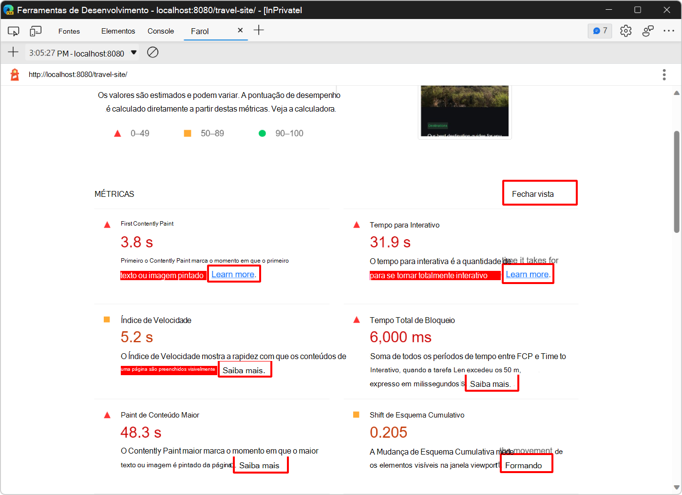A secção de métricas expandidas