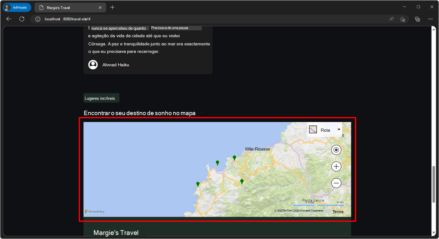 O componente de mapa no site de demonstração
