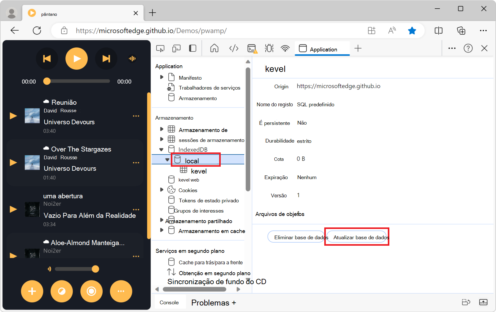 A vista de base de dados, com o botão atualizar