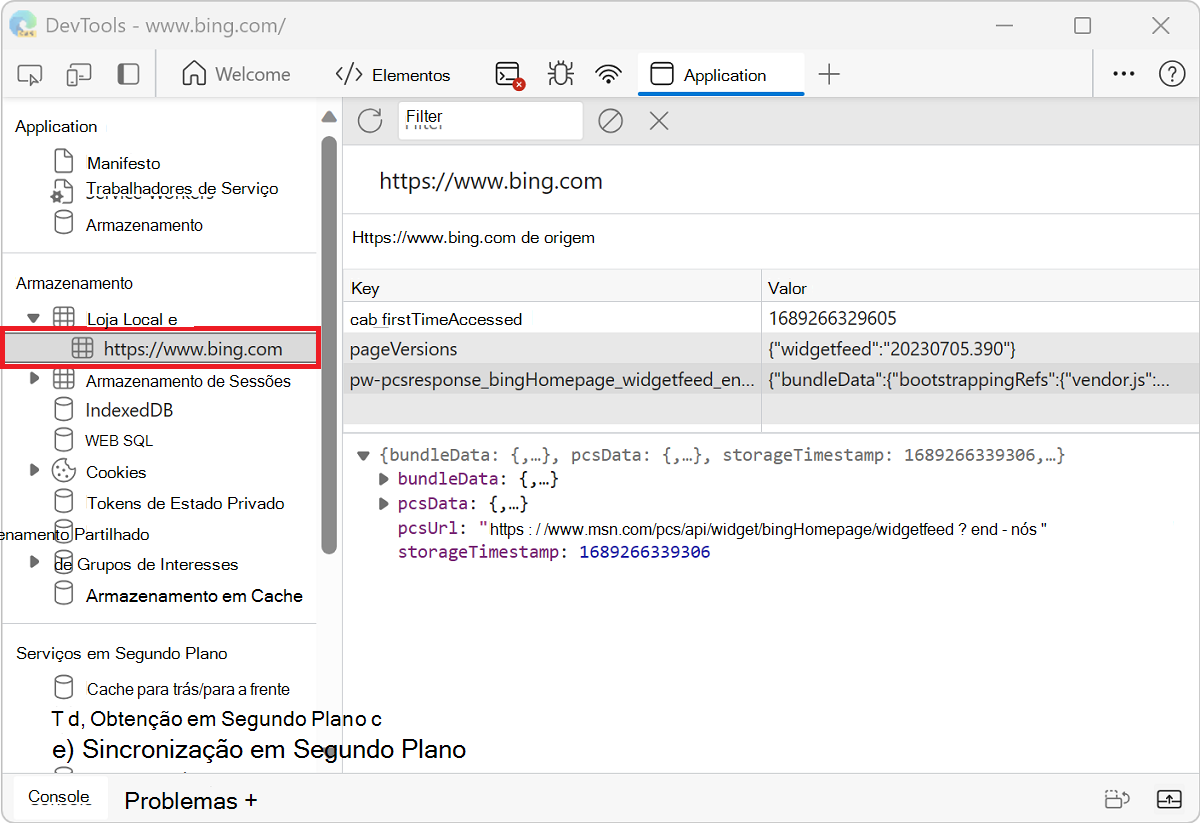 Os pares chave-valor localStorage para o https://www.bing.com domínio