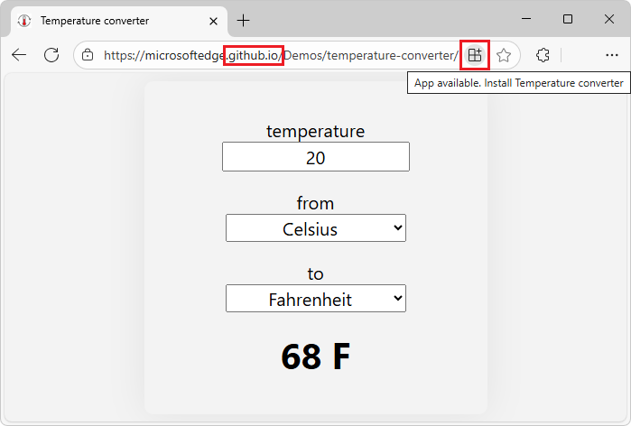 O PWA como uma aplicação Web no browser, servido a partir de github.io