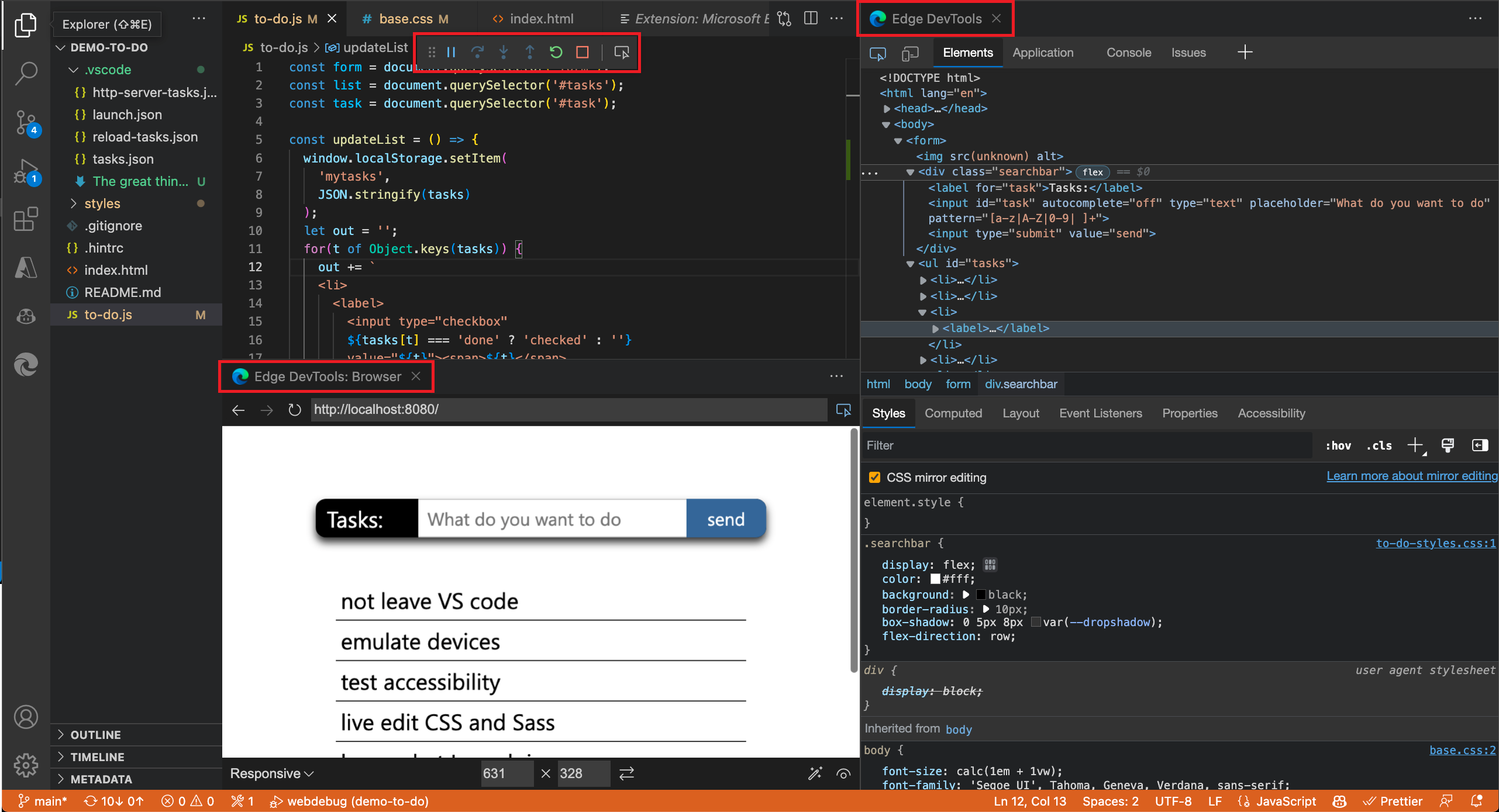 Extensão aberta no Visual Studio Code a mostrar a pré-visualização do browser abaixo do código fonte e as DevTools à direita