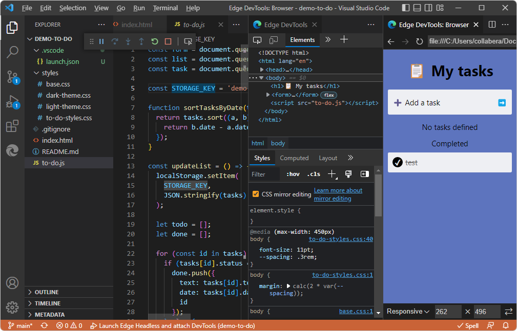 O botão Inspecionar abre as DevTools do Microsoft Edge no Visual Studio Code