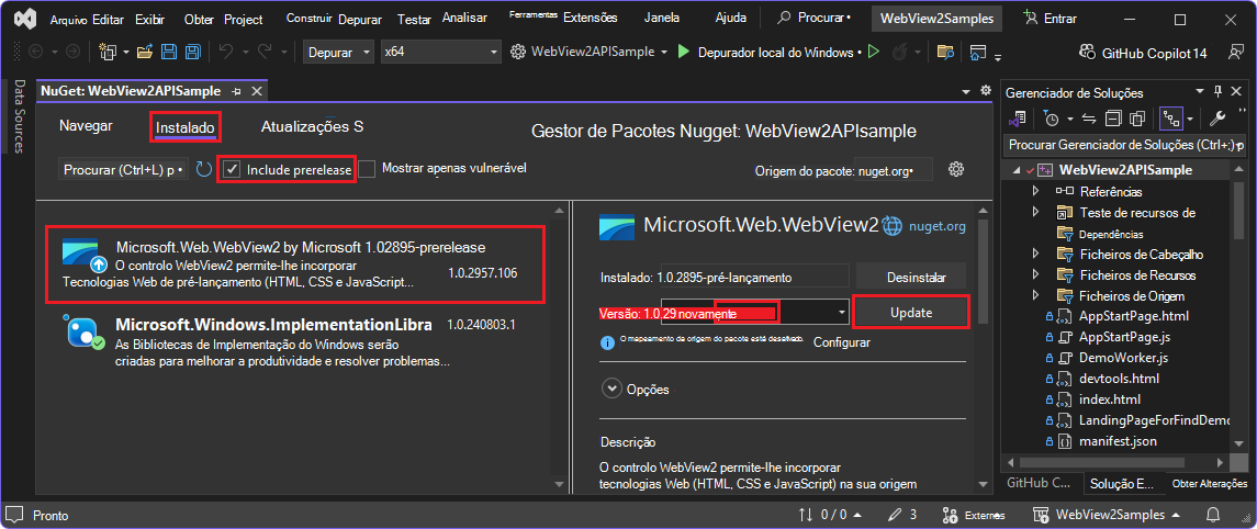 Gestor de Pacotes NuGet com o SDK WebView2 pré-lançamento selecionado
