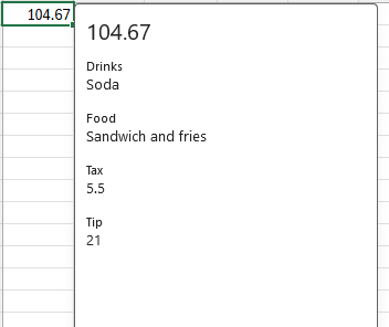Tipo de dados card a mostrar valores para as propriedades de bebidas, alimentos, impostos e gorjetas.