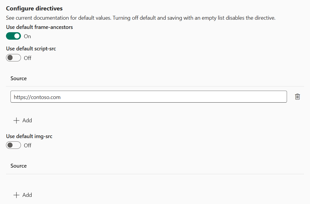Captura de tela das diretivas CSP configuradas em estados diferentes