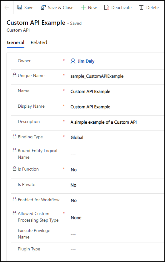 formulário de API Personalizada salvo.