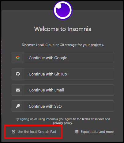 A caixa de diálogo de boas-vindas do Insomnia, incluindo a opção Usar o Scratch Pad local.