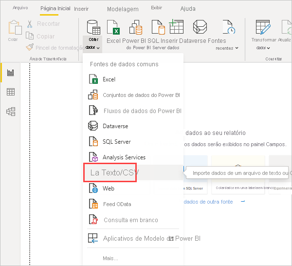 Captura de tela da faixa de opções Obter Dados no Power BI Desktop, mostrando a seleção CSV.
